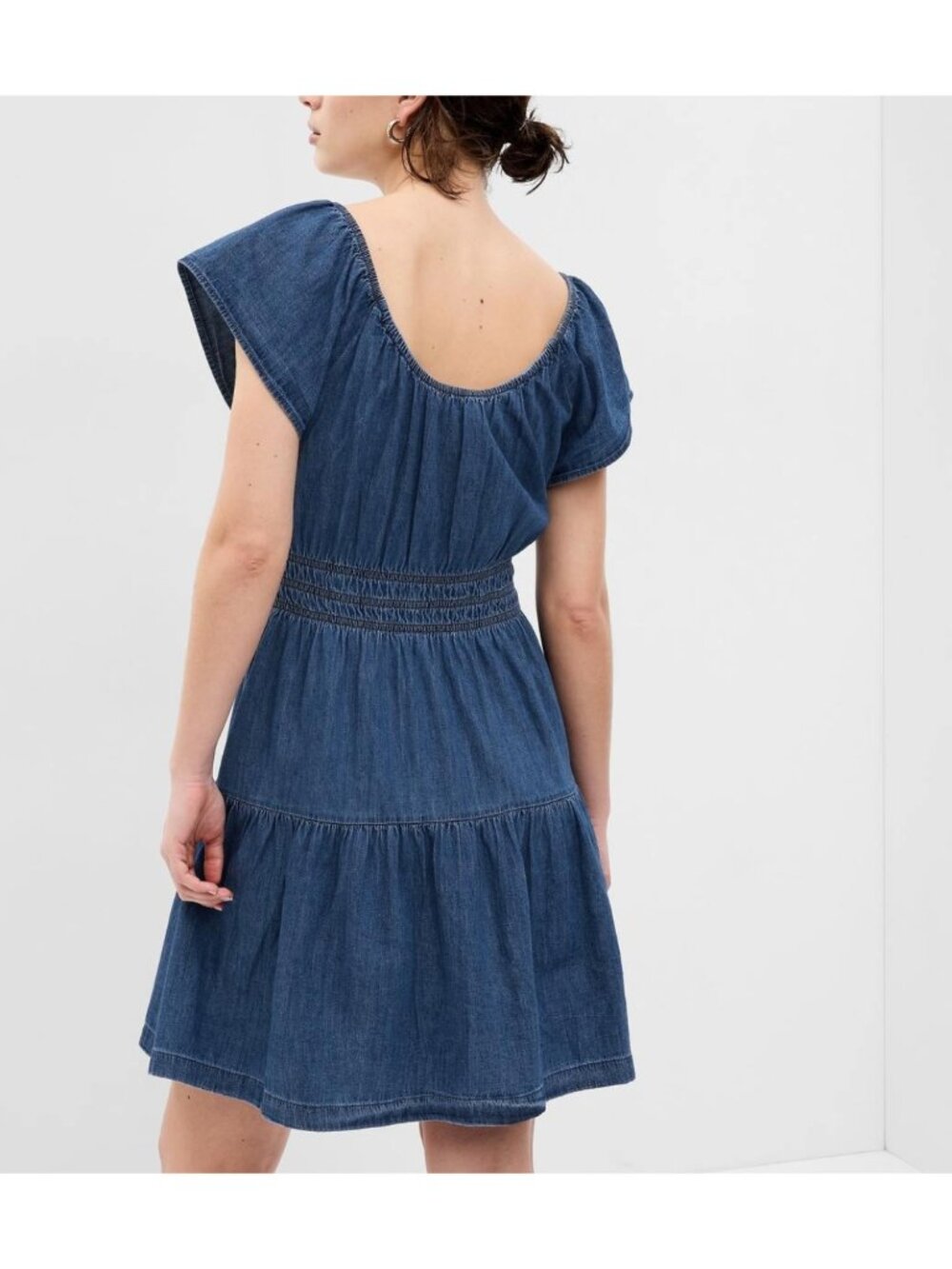 NWT GAP Denim Short Flutter Sleeve Tiered Round Neck Mini Dress w. Pockets Sz L - Picture 4 of 10